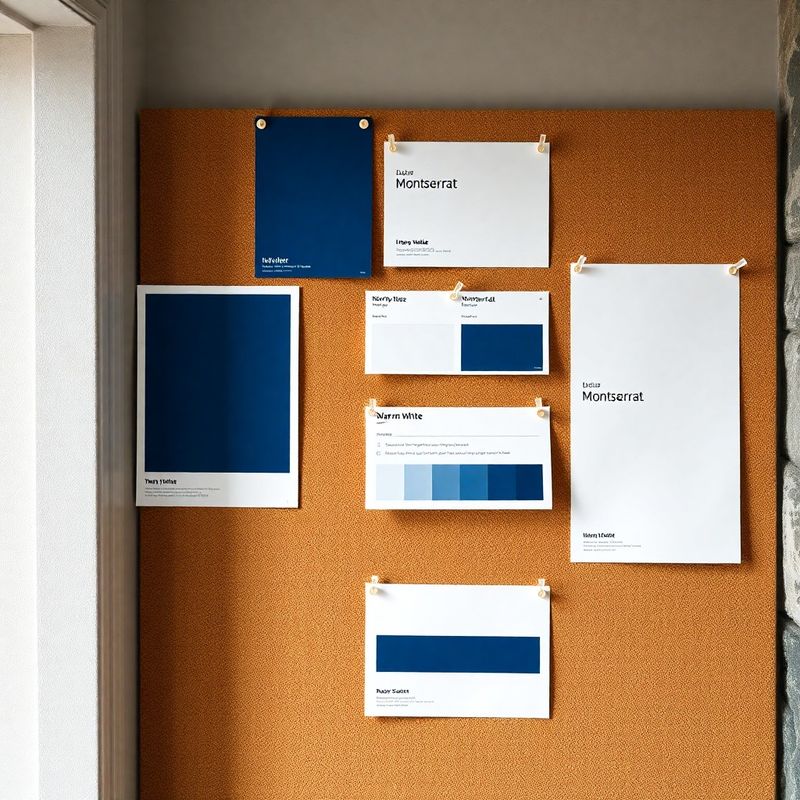 Ink-blue and warm-white brand identity system pinned on a studio board