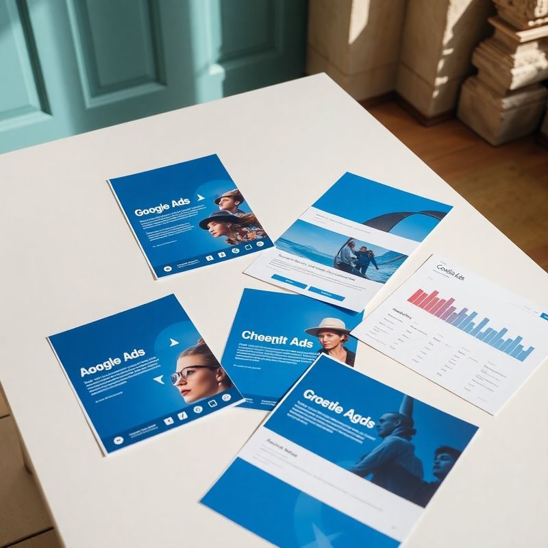 Printed Google Ads and Meta Ads creatives in ink-blue palette on a studio table