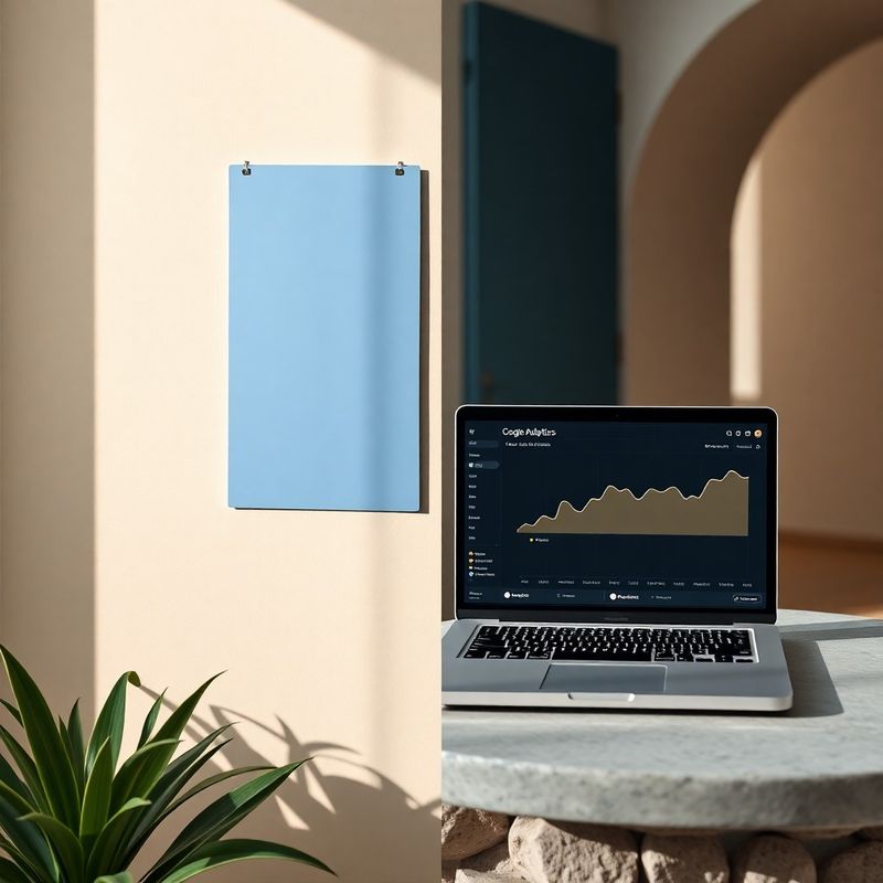 Split scene of an ink-blue branding mock-up on the wall and a laptop showing an upward-trending analytics dashboard