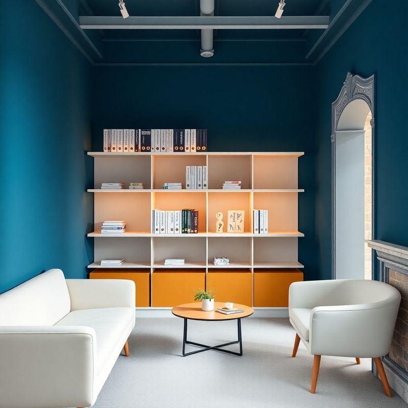Interior of the Practice of Portland studio with ink-blue accent walls and warm-white shelving